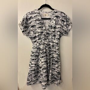 Small — Marine Layer Camila mini dress — San Francisco toile print - black ivory